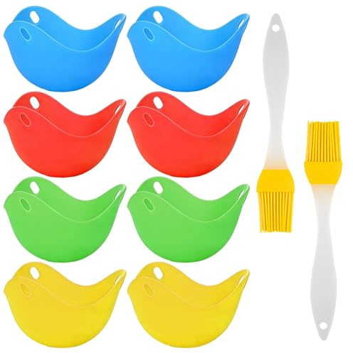 10Pcs Silicone Egg Poachers Set, with Silicone Food Brushes, Microwave Poached Egg Maker Poached Eggs Moulds Eggs Poacher Cups (2 Green 2 Yellow 2 Blue 2 Red and 2 Yellow Brushes)