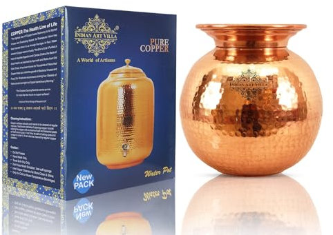 Indian Art Villa Pot à eau Matka en cuivre pur | Capacité de 6,123,5 g | Stockage d'eau pour maison, hôtel, restaurant | Yoga Ayurveda