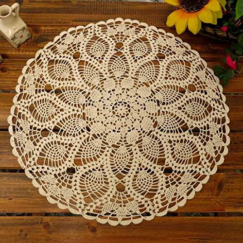 Phantomon Lace Doilies Table Placemats Handmade Crochet Cloth Round Coasters Cotton Doilies for Tables, Sofa Cover, Waterlily Pattern, 20Inch (Beige)