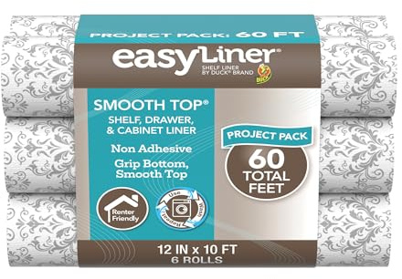 Smooth Top EasyLiner for Cabinets & Drawers, Easy to Install, Shelf Paper & Drawer Liner Non Adhesive, Non Slip Shelf Liner for Pantry, Kitchen Essentials, 12 in x 10 ft (6 Pack), 60 ft, Gray Damask
