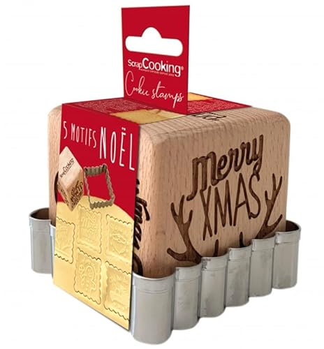 SCRAP COOKING 5138 - Sello para repostería de madera con motivos navideños, 1 cortador, cortador de galletas y cubos Xmas con 5 caras grabadas en relief-molde decoración