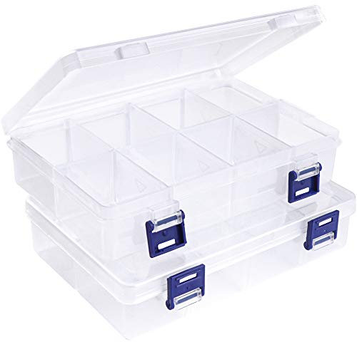 Lamondre 2 Stück Fächer Aufbewahrungsbox mit 8 Große Fächer, Plastik Aufbewahrungsbox Einstellbar Sortimentskasten Klar Sortierboxen für Schmuck Ohrringe Kleinteile