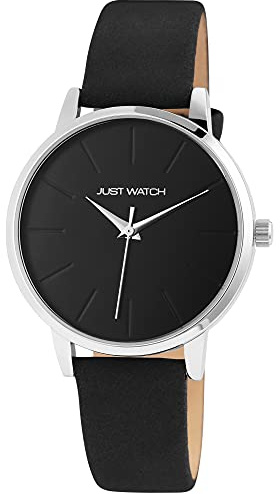 Just Watch Armbanduhr Damen Lederarmband Schwarz Silber Blau | Damenuhr Leder elegant | Damen Uhr Silber Glitzer Lederuhr – Schwarze Damenuhr edel & zeitlos