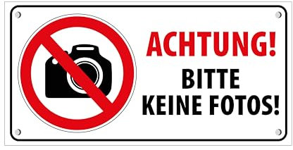 Warnschild Achtung! Bitte keine Fotos – 25x12,5 cm | rechteckiges Hinweisschild aus 3mm Alu-Dibond mit UV-Schutzlack | Fotografieren verboten für Innen- & Außenbereich