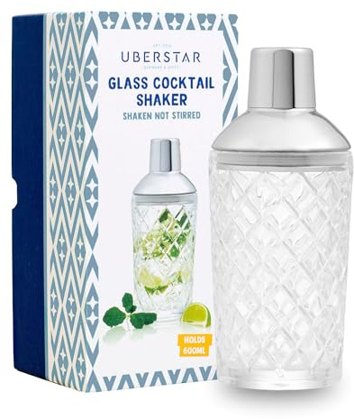 Elegant Cut Glass Cocktail Shaker/Built-in Strainer/Thick Walled Drinks Shaker Silver/Holds 600ml