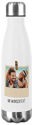 Trinkflasche Edelstahl selbst gestalten mit Foto im Rahmen & Text - Thermosflasche, Wasserflasche BPA-frei, Camping, Schule, Sport I Personalisiertes Geschenk, Polaroid 2, 750 ml