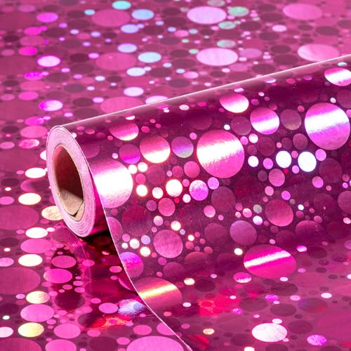 Holijolly Pinkes holografisches Geschenkpapier – Mini-Rolle – Tupfendruck für Geburtstag, Ostern, Feiertage – 44 cm x 10 m