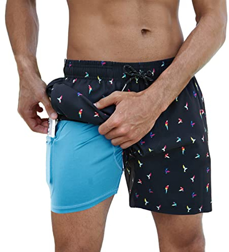 Arcweg badshorts för män med kompressionsfoder badbyxor för män 2-i-1 badshorts med foder med blixtlåsfickor snabbtorkande surfing stretchiga strandshorts, Papegoja, XL