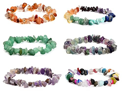 6 Stücke Armbänder Natürlicher Edelstein Chakra Crystal Chip Stein Armband für Damen Edelstein Splitterarmband Stretch Armband Natürliche Bergkristall Chakra Armband Hochwertiges Edelstein Armband