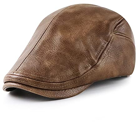 Ueither Hombre Gorras Planas Ajustable PU-Cuero Sombrero Gatsby Ivy Irish Golf Cabbie Hat 56-60 CM (Café Oscuro)