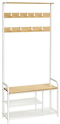 VASAGLE Garderobenständer, Garderobe, Kleiderständer 9 Haken, Schuhbank, Ablage, 30 x 85 x 180,5 cm, für Flur, Schlafzimmer, kleine Wohnungen, modern, eichenfarben-weiß HSR409W09
