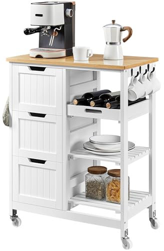 Yaheetech Bewegliche Kücheninseln Küchenwagen mit 3 Schubladen & 3 Ablagefächer Servierwagen auf Rollen mit Bremsen Rollwagen 67 cm L × 37 cm B × 84,5 cm H Weiß