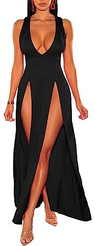 xxxiticat Women's Double Slit Maxi Tank Dress Sleeveless Deep V-Neck Low Cut High Split Cover Up Long Bodycon Wrap Dress, Black, M