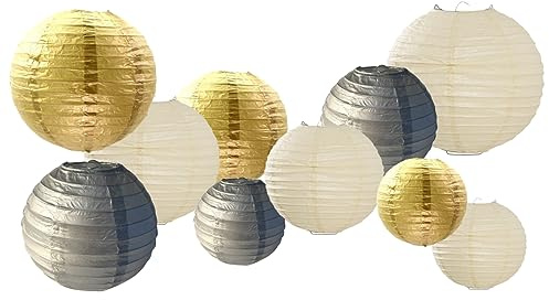 GAKA FAVOR 10er Papier Lampions Set Gold/Silber/Weiß, Hängedekoration Papierlampions Deko, Papier Laternen für Hochzeit,Taufe,Geburtstag,Kommunion,Valentinstag Muttertag Party Deko