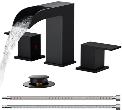 FORIOUS Matte Black Bathroom Faucets 3 Hole, 8 Inch Widespread Square Waterfall Bathroom Sink Faucet with Metal Pop-up Drain and cUPC Supply Lines, Two Handles for Vanity, Restroom, Commercial