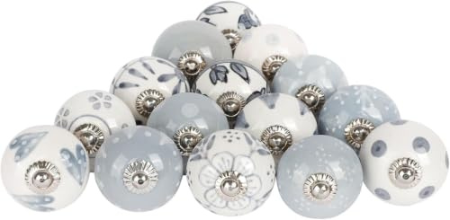 SHYAMVUN Lot de 12 boutons de porte et de meubles en céramique peints à la main pour cuisine, salle de bain, commode, finition brillante, gris et blanc