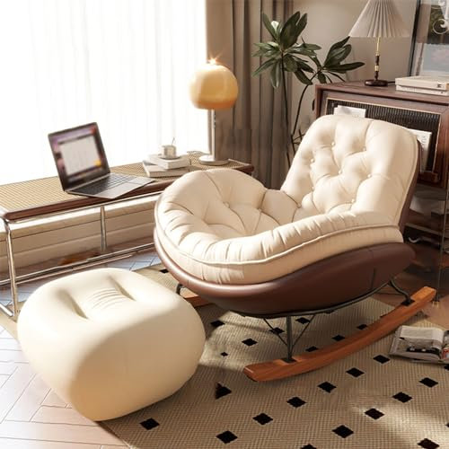 UZSPAC Sessel mit Hocker Wohnzimmer Modern Lesesessel Bequem mit Hocker Schaukelstuhl aus Kunstleder Holzsockel Creme Relaxstuhl TV Sessel (Color : Brown)