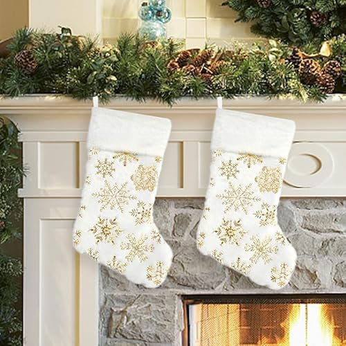 Weihnachtsstrumpf, Nikolausstiefel, 4 Stück Plüsch-Schneeflocken Weihnachtssocken Nikolaussocken zum Aufhängen und Befüllen Geschenkbeutel Pailletten Hängende Strümpfe für Weihnachtsdeko Kamin Deko