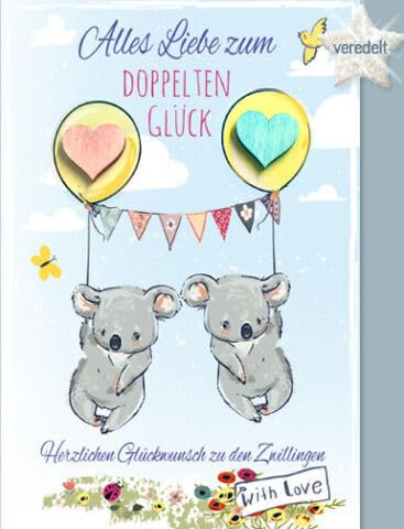 Generisch Karte zur Geburt von Zwillingen, Grußkarte Baby, Nachwuchs, Zwillinge (rosa-blau)