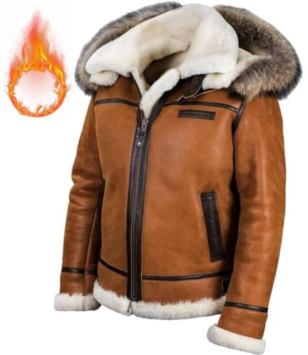 Jacke Pilot aus Schaffell B-7 Arctic Parka Art.208, Winterwarmes Leder für Herren, abnehmbare Fliegerjacke mit Kapuze, Abnehmbarer Jackenmantel mit Kapuze aus Lammfell (5XL,Whiskey)