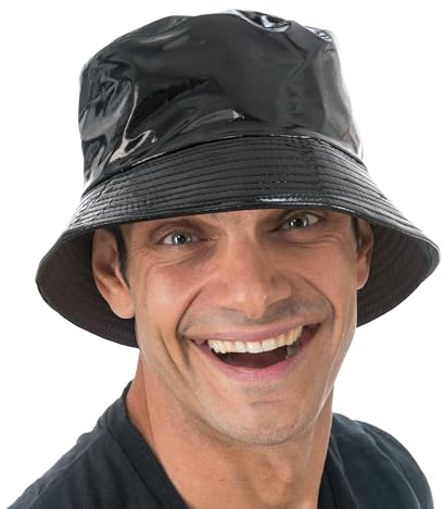 Chaks - Schwarzer Bucket Hat aus Vinyl, Glänzender Fischerhut | Mütze für Festival, Karneval und Mottoparty, Retro Look mit Glanzfinish für Erwachsene