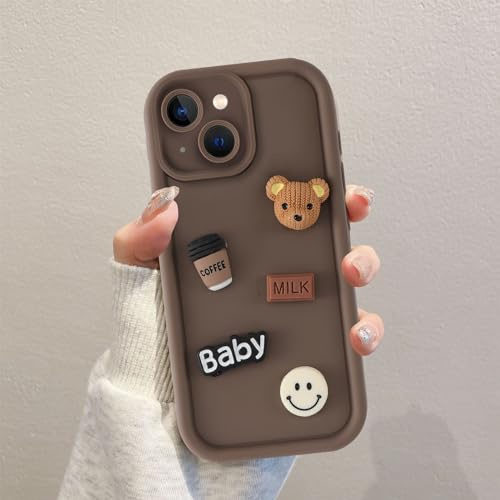 Coalbooliy Handyhülle für iPhone 14 hülle 6,1'', Aesthetic 3D Teddybär Muster Design Kaffeefarbe Weiche TPU Silikon Stoßfest Kameraschutz Schutzhülle Bumper Ultra Dünn Mädchen Case, 01