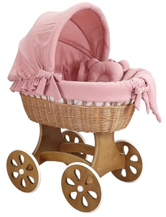 Wiklinopol Stubenwagen, Moseskorb Baby mit Gestell Annabell – Bollerwagen mit Rollen aus Naturweide – inkl. Matratze & 5-TLG. Rosa Musselin-Bettwäsche – Korb: Natur