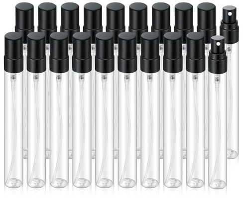 Jxcmeng 20 st 10 ml tom klar glasdimma sprayflaska påfyllningsbar miniparfym atomizer reseprovflaska med svart aluminiumiserat munstycke sminkbehållare för parfym (10 ml svarta kepsar)