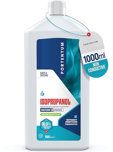 PORTENTUM Alcohol isopropilico 1L | Máxima pureza 99,99% | Para electrónica, limpia cristales y limpieza general: desengrasante industrial y limpiacristales multiusos. Hecho en España