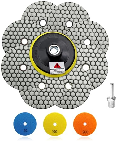 SHDIATOOL Dischi diamantati per lucidatura a secco, 8 pezzi da 100 mm (3 pezzi grana 50+3 pezzi grana 100+2 pezzi grana 200) kit di lucidatura e supporto in plastica M14 per granito, marmo, pietra
