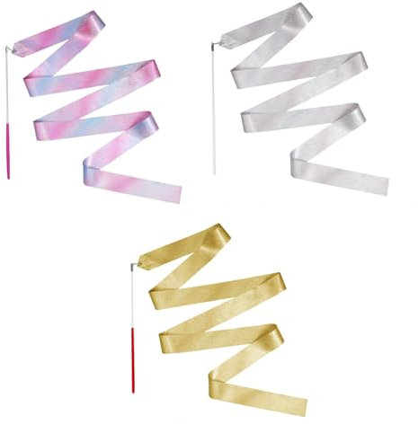 FINEASY 3 Stück Tanzband, Gymnastikband mit Stab, 200cm Funkelnde Rhythmische Sportgymnastik Band Tanzbänder, Tanzband mit Stab Kinder, Tanzbänder für Tanz, Gymnastik und Talentshow