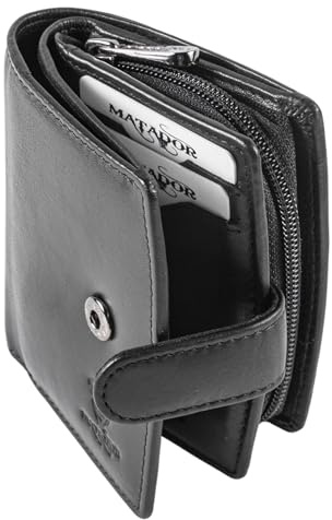 MATADOR Geldbeutel Damen Klein Leder #Valencia MINI mit edler Geschenkbox, Eleganter Kleiner Geldbeutel Damen mit RFID Blocker, Luxus Mini Portemonnaie Viele Kartenfächer, Schwarz Nappa