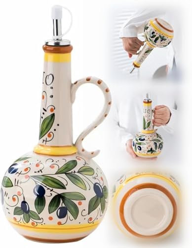 YUYQAQ Olivenölspenderflasche aus Keramik, 652 ml, 1/2 Stück, handbemalte Olivenölflaschen für Küche, dekorative Steinzeug-Olivenöl-Menage mit Edelstahlauslauf für Öle, Saucen, Essig