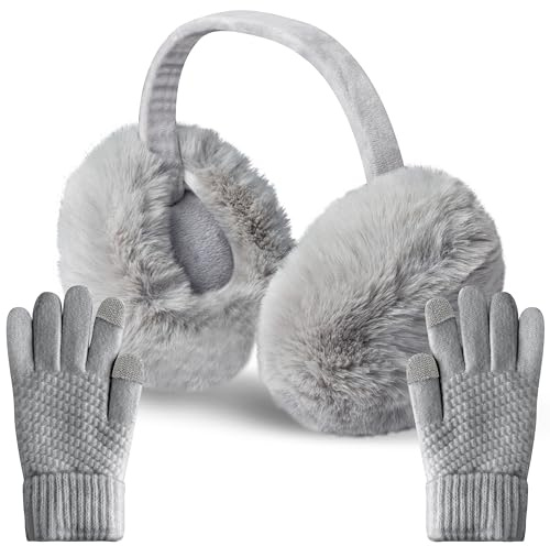 TirEurt Winter Ohrenschützer Gestrickte Touchscreen Handschuhe Set, 2 Stück Winter Plüsch Ohrenwärmer Strickhandschuhe, Flauschig Earmuffs Ohrenschützer Fingerhandschuhe für kaltes Wetter (Grau)