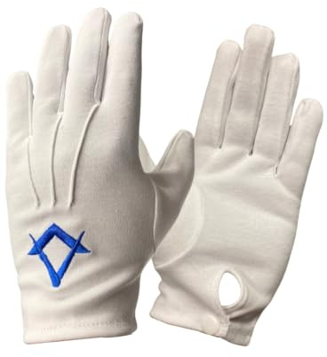 Regalia Store UK Masonic White 100% Cotton Gloves with Royal Blue Sqaure & Compass Embroidery (Large)