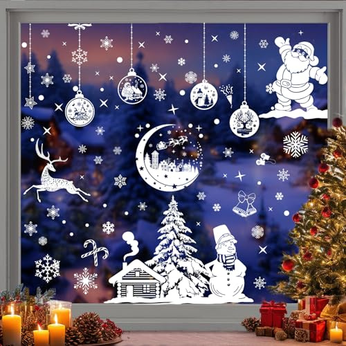 AUGSUN 260 Pièces Autocollants de Fenêtre en Flocon de Neige Blanc pour Noël, Autocollants Électrostatiques Réutilisables en PVC pour Fenêtres, Portes, Vitrines de Magasin Décoration de Fêtes