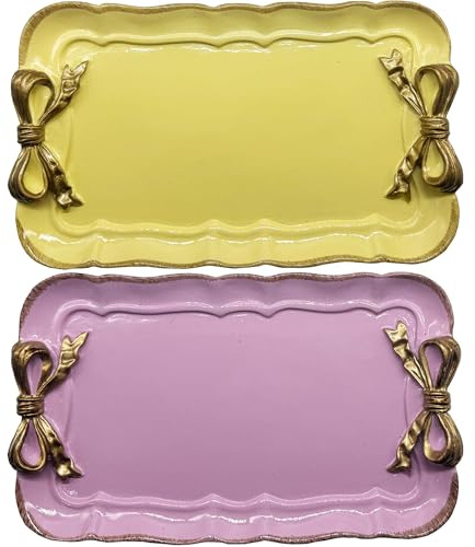Cayway 2 PCS Plateau Décoratif Vintage, Plateau Décoratif Vintage, Noeud Papillon en Résine pour Plateau à Serviettes, Plateau à Fruits, Porte-Boucles d'oreilles, Pourpre et Jaune