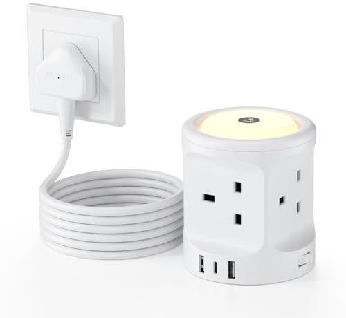 Extension Lead with 3 USB Slots and Night Light, 4 Way (13A/3250W) Multi Plug Extension Cords, 3M Extension Cable with Switches, UK Power Strip Surge Protected for Deskfor Home Dorm Office