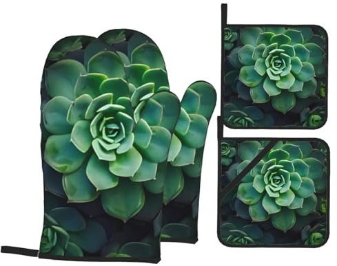 Set di 4 guanti da forno e presine – verde succulenta – guanti da forno a microonde isolati e guanti da cucina, set di guanti da forno antiscivolo con cuscinetti caldi, per cucinare, cuocere al forno,