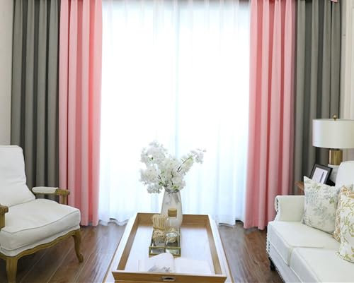 Wycian Gardine Querbehang Oben Gardinen 2er Set Rosa Grau Verdunkelung Zweifarbiges Patchwork H244 x B137 cm (2er Pack) Tuch