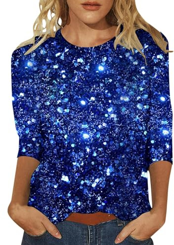 Satin Top Women's Fashion Tops Three Sleeves Casual Sequins Round Neck Loose Printed T-Shirt Long Women's Leggings, blue, M
