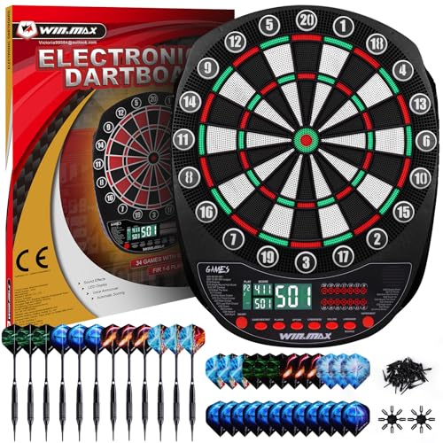 WIN.MAX Juego de diana electrónica de dardos de punta suave, pantallas LED, 3 idiomas con 12 dardos y 100 puntas
