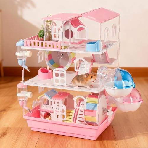 Dreistöckiger Acryl-Hamsterkäfig, 35 x 26 x 51 cm Hamsterhaus, magnetisches Design Hamstervilla, mit Trinkflasche, Fressnapf, Laufrad, Badewanne und bunter Brücke, herausnehmbarer Boden, rosa