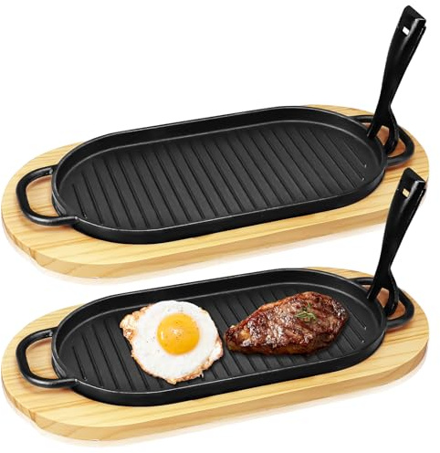 Kaxtde 2er-Set Gusseisen Servierpfännchen mit Holzunterlage, 30 x 16 cm Oval Grillpfanne Serviergusseisen, Grillpfännchen Pfännchen mit Abnehmbarem Griff für BBQ Fisch Steak