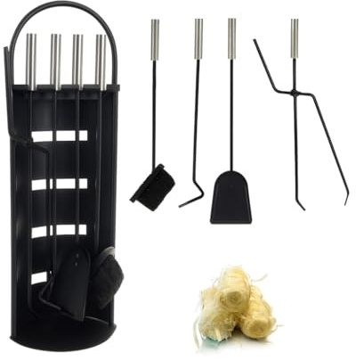 Kaminbesteck Kaminzubehör Set Kaminwerkzeug Ofenbesteck Schwarz 5-in-1-Set mit Besen, Schaufel, Eisenhaken, Zange, Ständer + Gratis Holzwolle Anzünder ca. 22 Stück