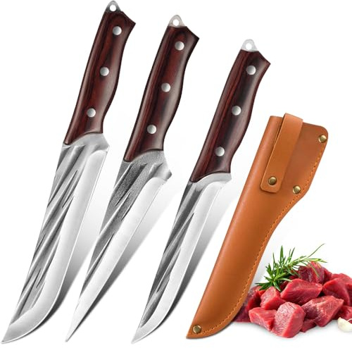MDHANDD Profi Schlachtermesser 3-Teilig Metzgermesser Set-Filetiermesser & Hackmesser & Schälmesser extrem Scharf mit Purpurfarbener Holzgriff rutschfestem Griff für Fleischverarbeitung und BBQ.
