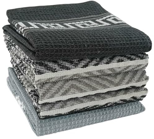 Olivia Rocco 5 Pack Tea Towels Venice 100% Cotton Kitchen Towel Super Absorbent Quick Drying Soft Dish Cloth Set, Grey
