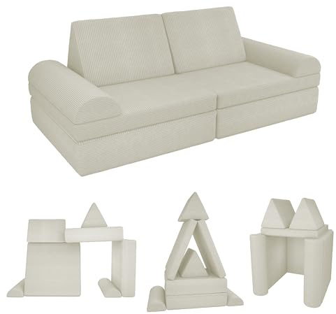 POKAR Kindersofa | Spielsofa Cord aus Schaumstoff Bausteinen | Modulares Spielsofa für Kinder | Kuschelecke im Kinderzimmer Kindercouch | Oeko-Tex 100 Zertifiziert | Vanille Wölkchen