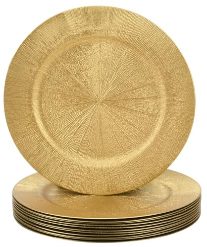 LYHLYA 13 Inch Gold Charger Plates, Round Reef Pattern, Plastic, Set of 12, for Dinner Plates, Wedding Decor, Table Setting (Round)