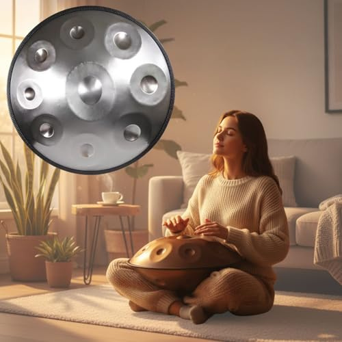 Handpan Instrument aus Stahl D Moll 22 Zoll Handpan Trommel mit 9 10 12 Tönen 432Hz 440Hz für Meditation Yoga Entspannung Klangheilung Musikalische Praxis Erwachsene(Silver,432HZ/12 Note)
